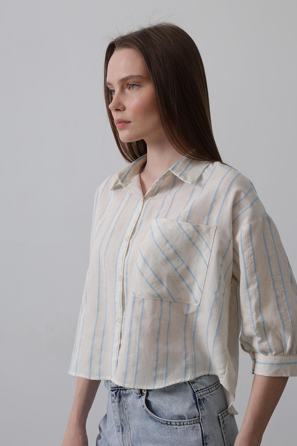 Striped Short Shirt – – Beige – Brand: Reyon – Women & Kids, Baby Clothes Wholesale – TheBS Women