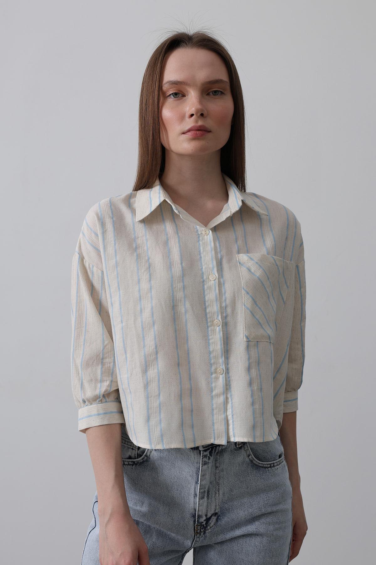 Striped Short Shirt – – Beige – Brand: Reyon – Women & Kids, Baby Clothes Wholesale – TheBS Women