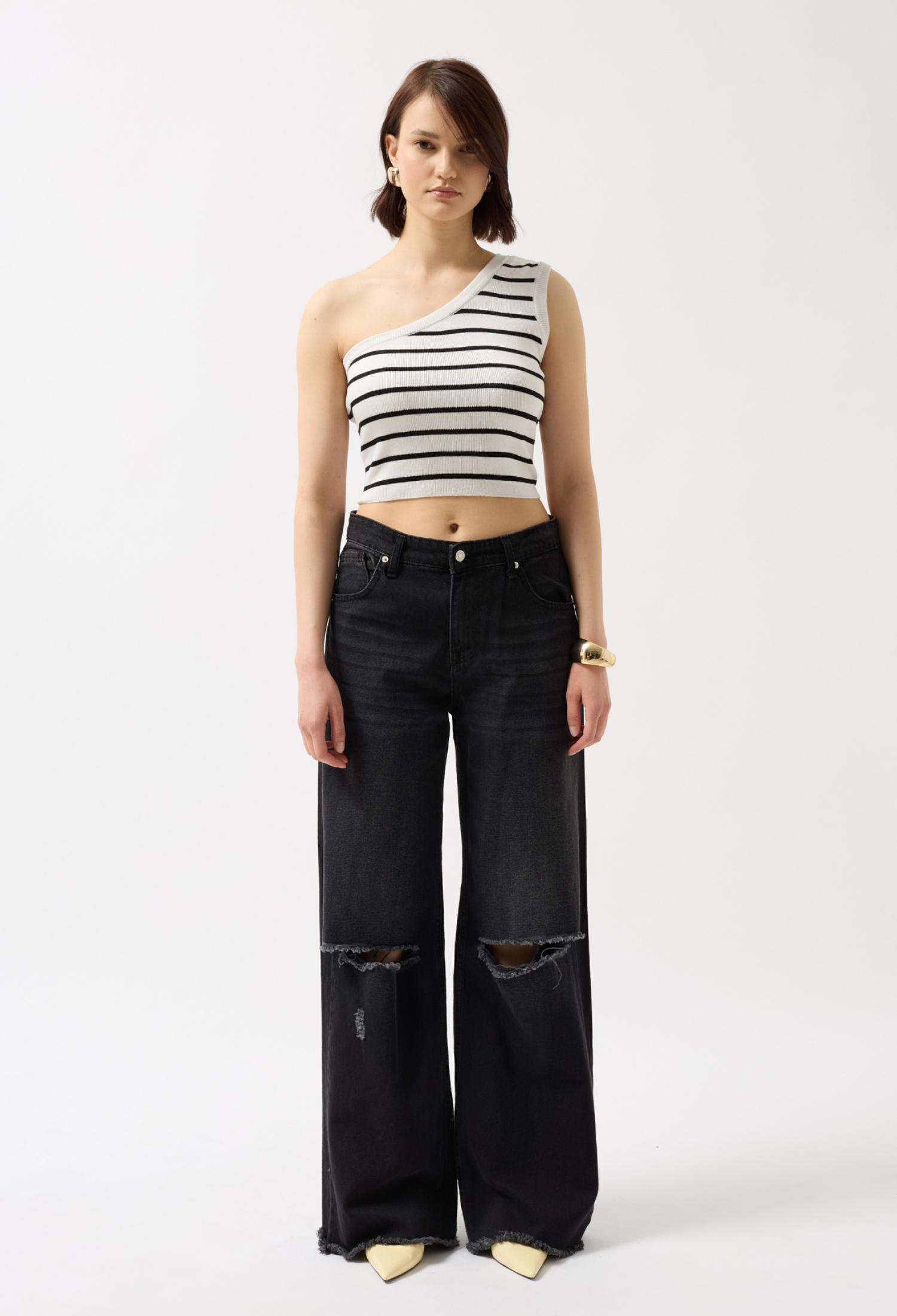 One Shoulder Striped Crop -- Black - Brand: Black Fashion - Women & Kids, Baby Clothes Wholesale - TheBS Women