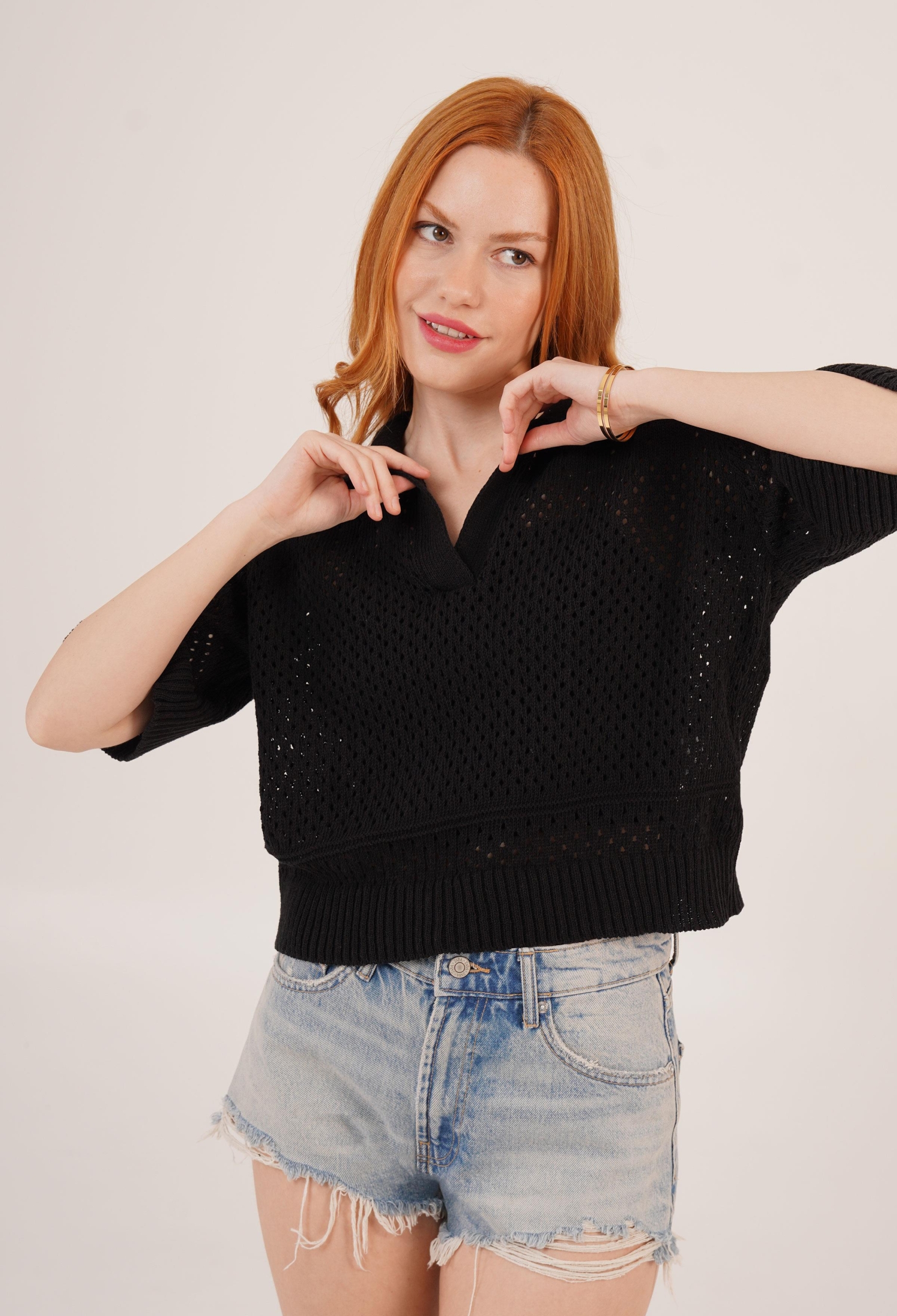 Polo Neck Openwork Black Wholesale Blouse - Brand: Lustrin - Women & Kids, Baby Clothes Wholesale - TheBS Women