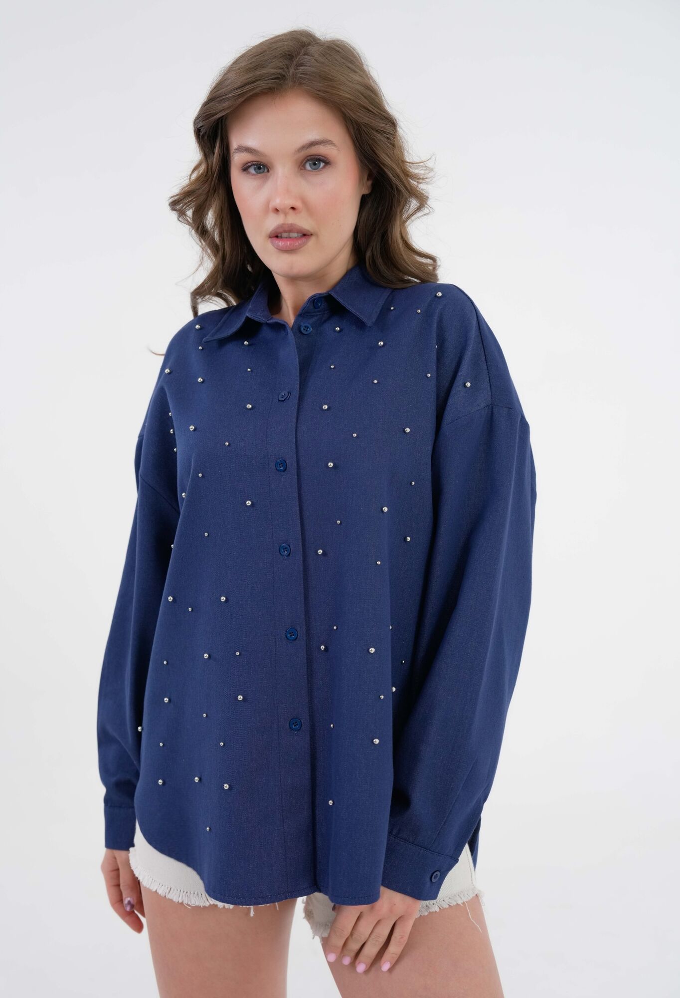 Navy Pearl Stone Detailed Denim Shirt 29069 - Brand: First Angels - Women & Kids, Baby Clothes Wholesale - TheBS Women