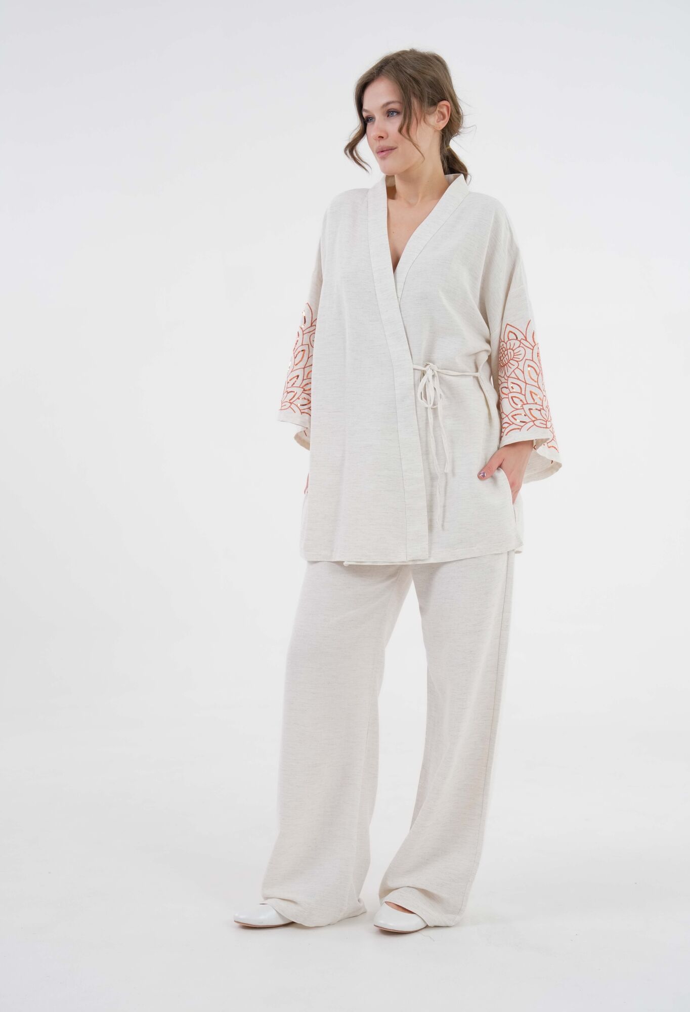 Natur Sleeves Sequin Sequin Embroidered Linen Kimono Jacket And Pants Bottom/Top Set 29061 - Brand: First Angels - Women & Kids, Baby Clothes Wholesale - TheBS Women