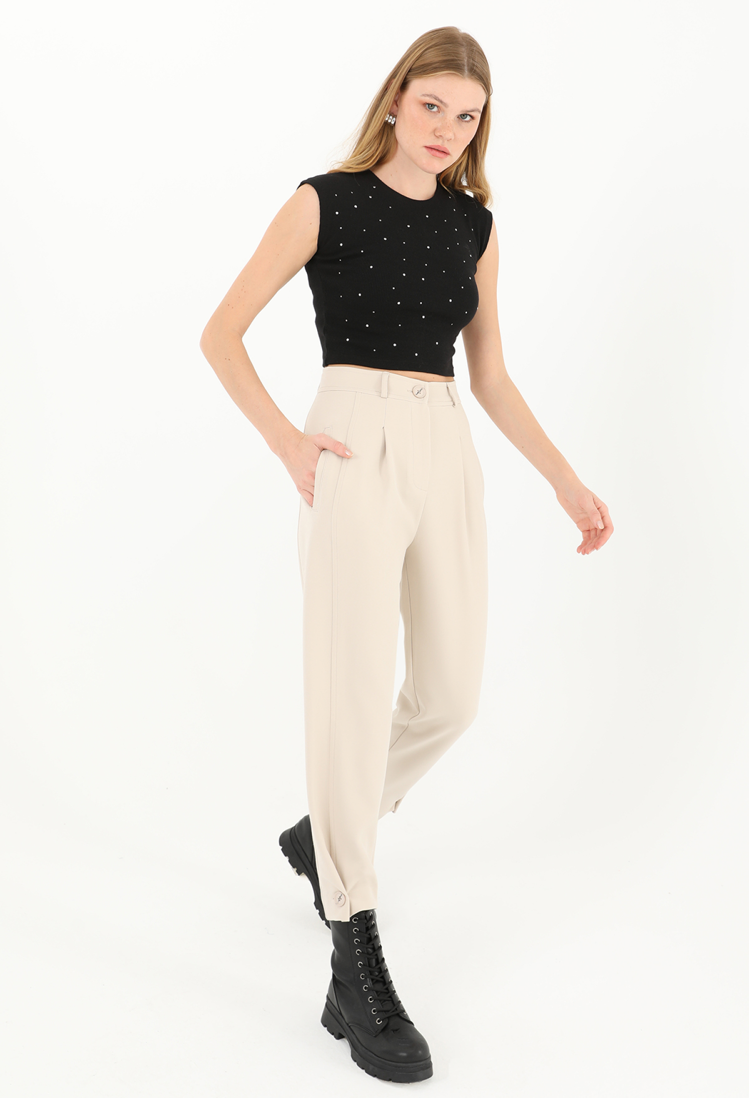 Women's Front Pleated Leg Buttoned Pants - Brand: Puane - Women & Kids, Baby Clothes Wholesale - TheBS Women