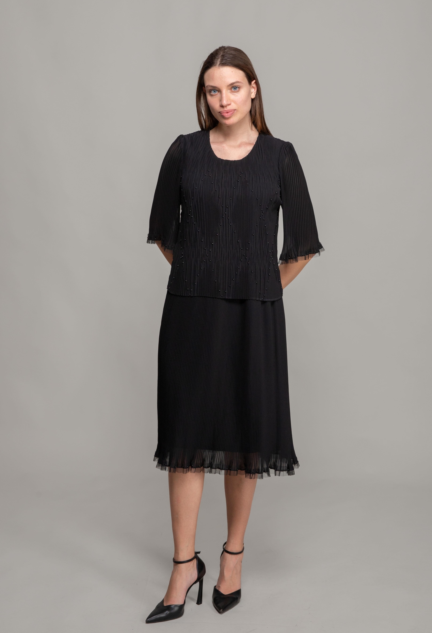 Round Neck Pleated Chiffon Dress - Brand: GUMANIZE - Women & Kids, Baby Clothes Wholesale - TheBS Women