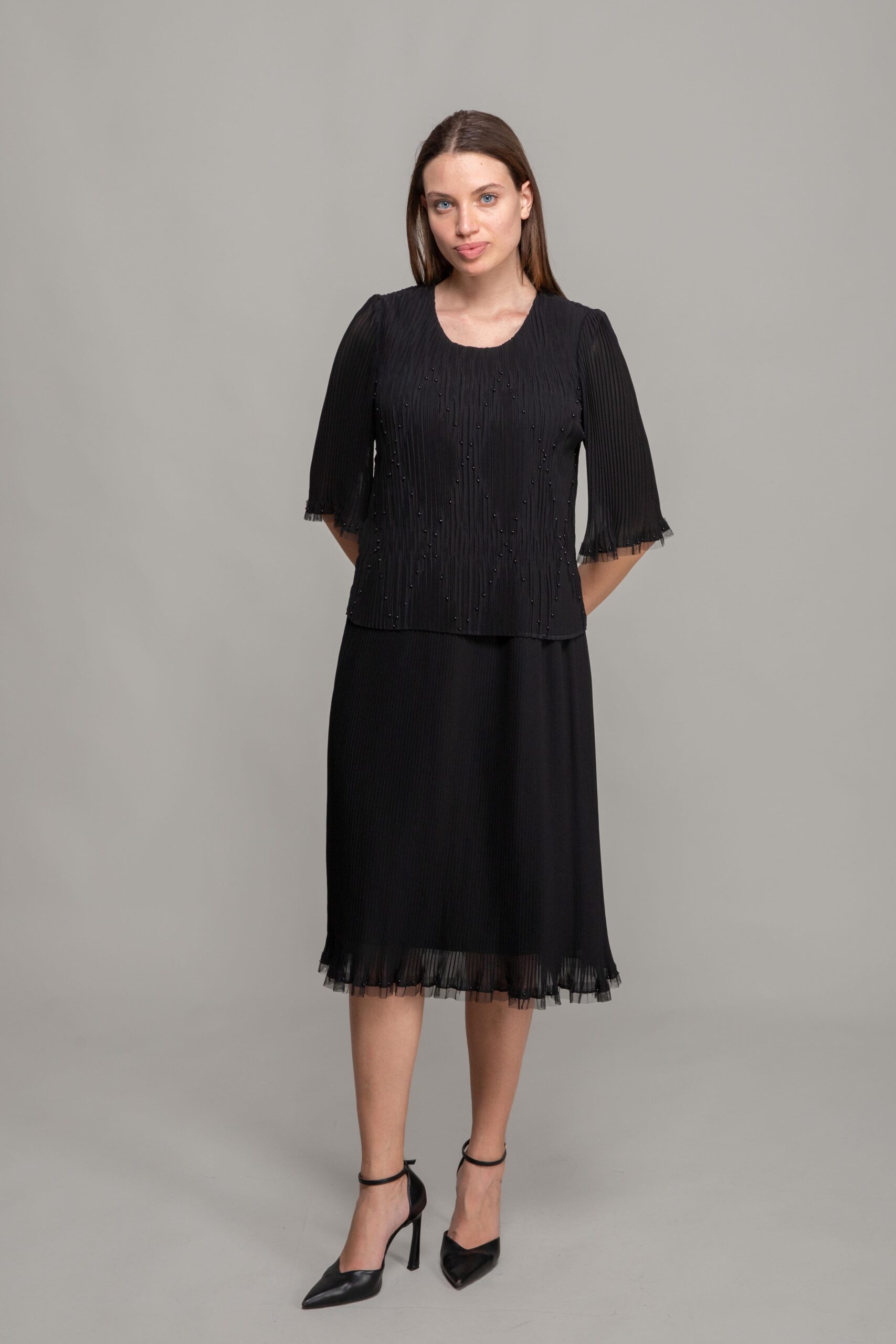 Round Neck Pleated Chiffon Dress - Brand: GUMANIZE - Women & Kids, Baby Clothes Wholesale - TheBS Women Round Neck Pleated Chiffon Dress - Brand: GUMANIZE - Women & Kids, Baby Clothes Wholesale - TheBS Women