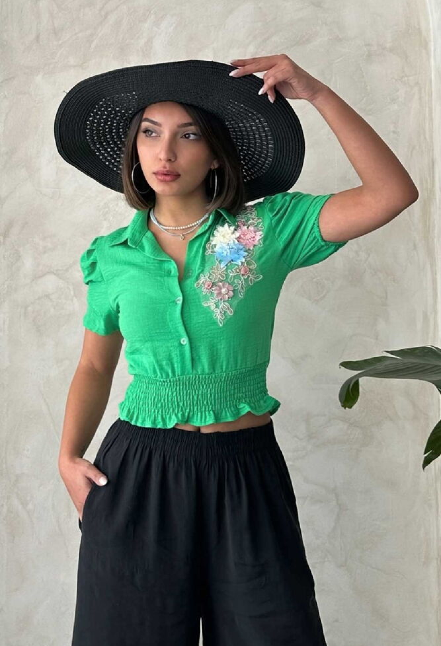 Fıstık D 2651 Linen Shirt With Flowers On The Chest - Brand: Topshow - Women & Kids, Baby Clothes Wholesale - TheBS Women