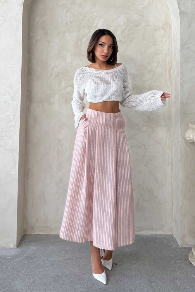 Striped Linen Skirt - Powder - Brand: Topshow - Women & Kids, Baby Clothes Wholesale - TheBS Women
