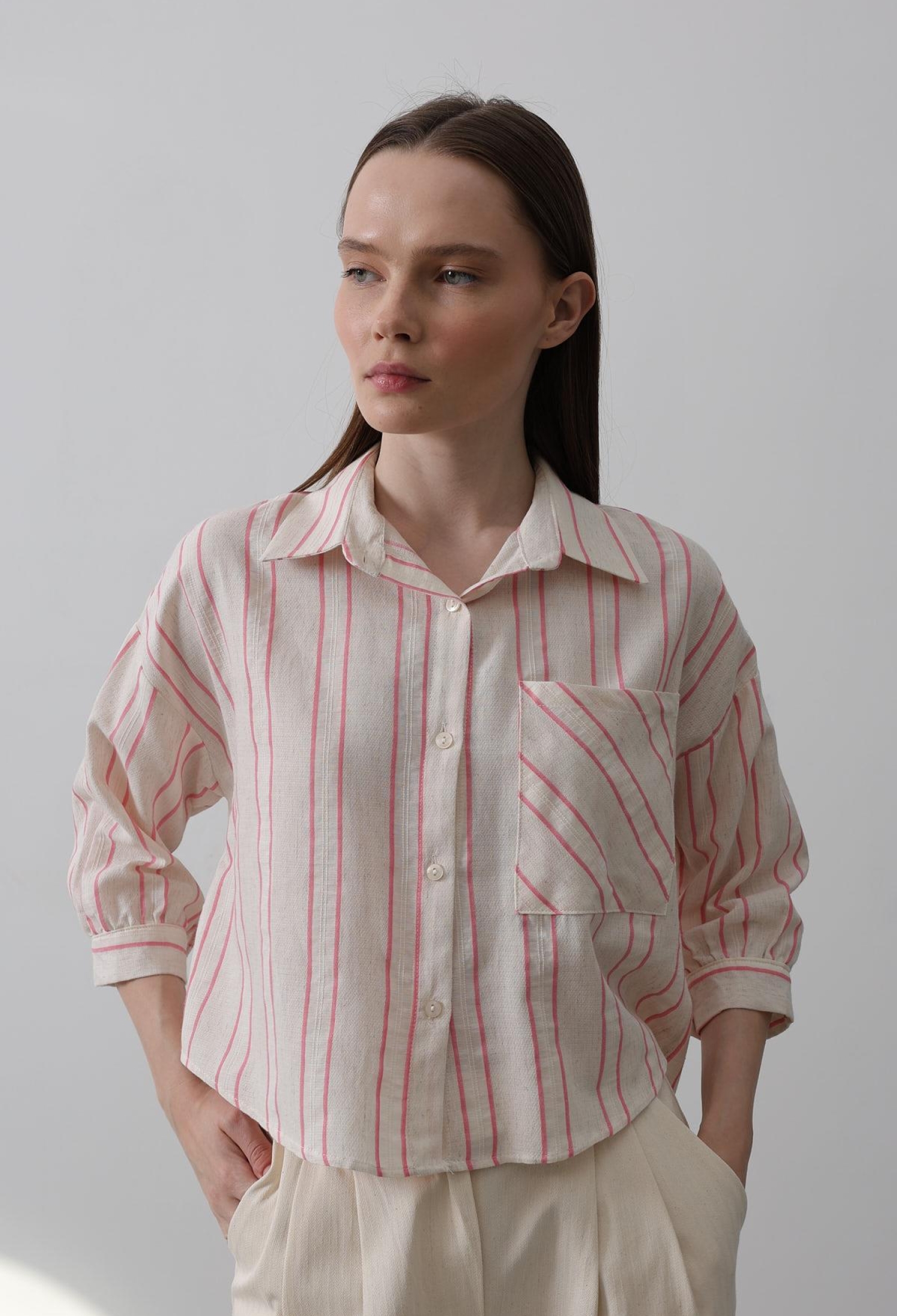 Striped Short Shirt - Beige - Brand: Reyon - Women & Kids, Baby Clothes Wholesale - TheBS Women