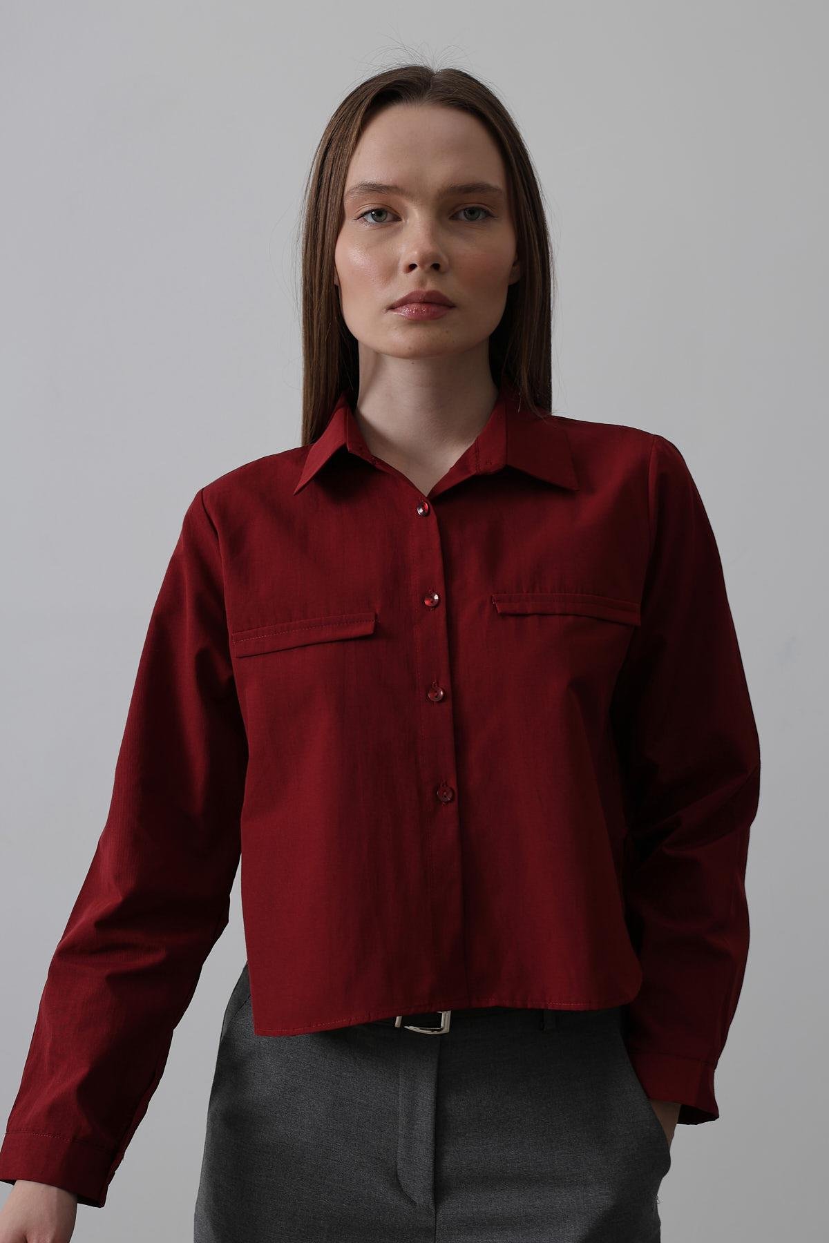Long Sleeve Shirt With Pockets - Burgundy - Brand: Reyon - Women & Kids, Baby Clothes Wholesale - TheBS Women
