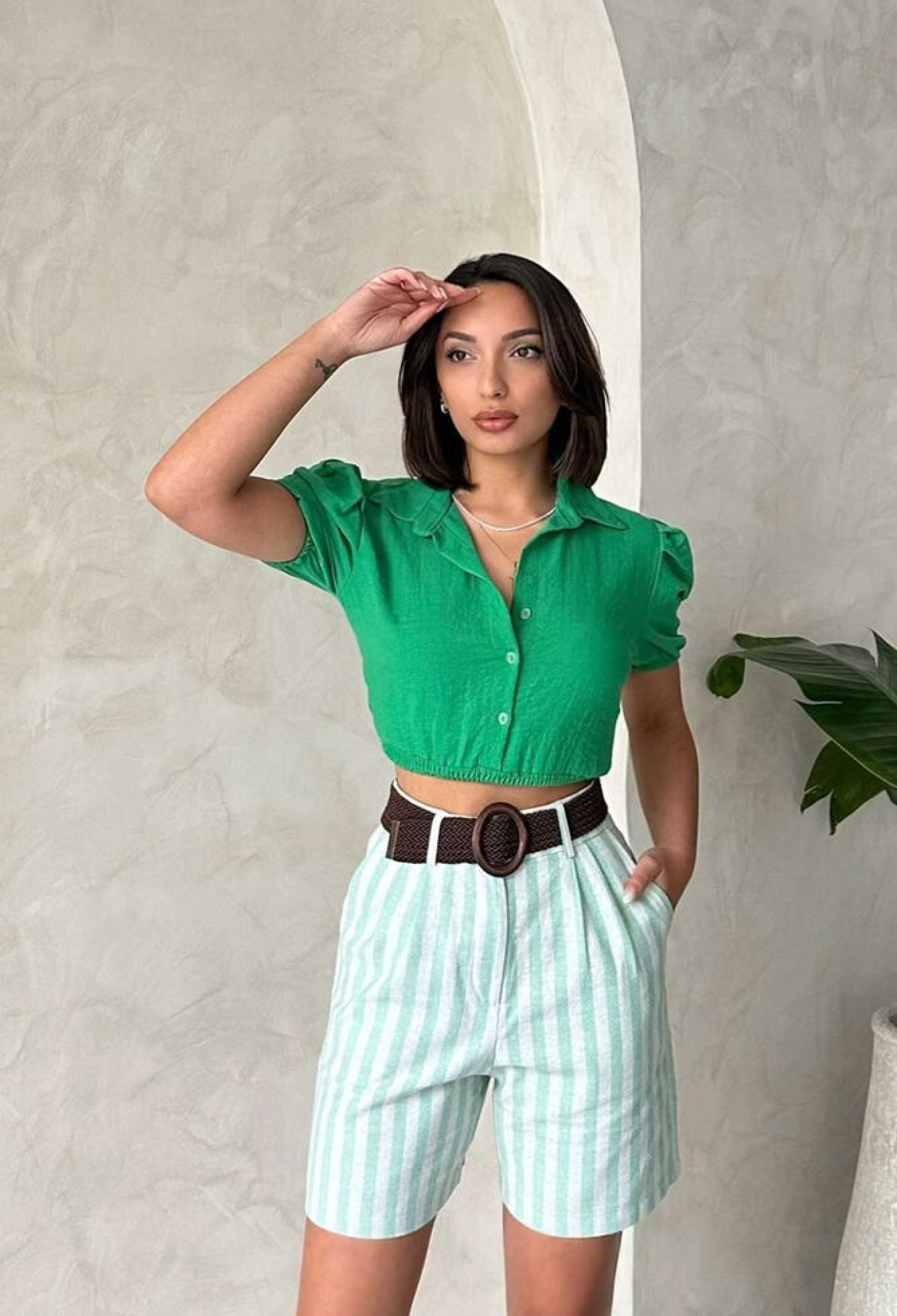 Çağla Striped Belted Linen Wholesale Shorts - Brand: Topshow - Women & Kids, Baby Clothes Wholesale - TheBS Women