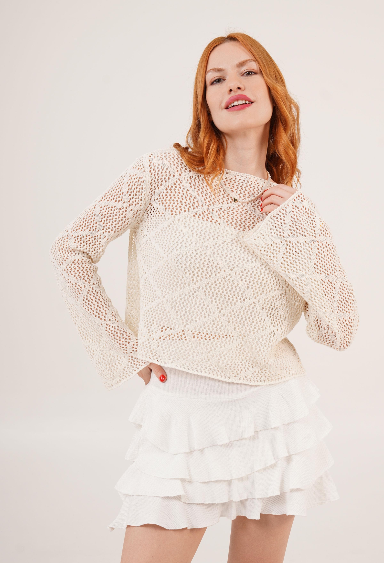 Boat Neck Ruffle Sleeve Detailed Openwork WholesaleBlouse - Brand: Lustrin - Women & Kids, Baby Clothes Wholesale - TheBS Women