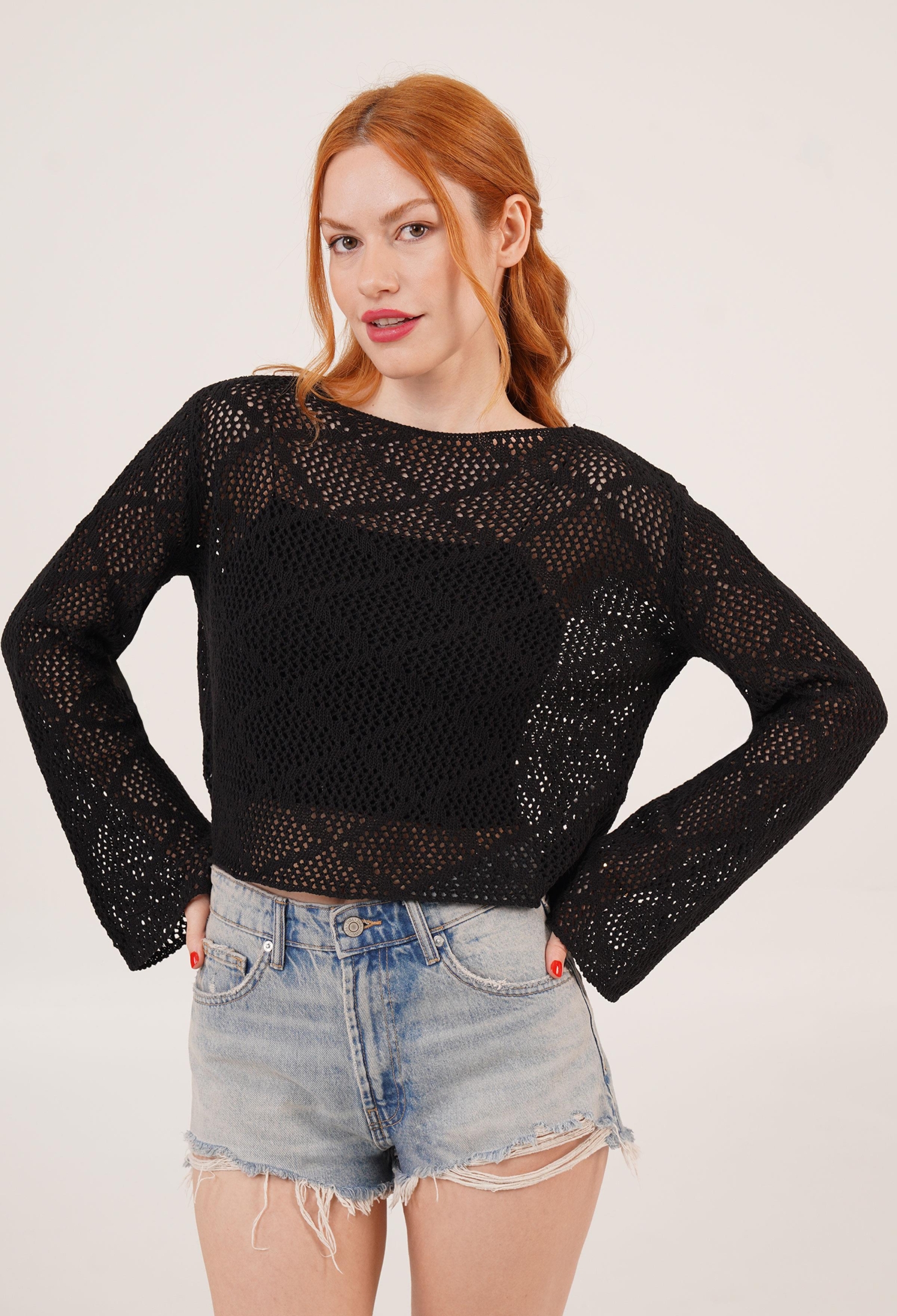 Boat Neck Ruffle Sleeve Detailed Openwork WholesaleBlouse - Brand: Lustrin - Women & Kids, Baby Clothes Wholesale - TheBS Women