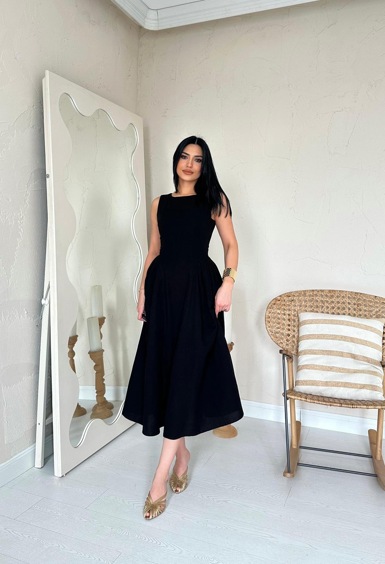 WholesaleSides Ruffle Midi Length Linen Dress - Brand: Elisa - Women & Kids, Baby Clothes Wholesale - TheBS Women