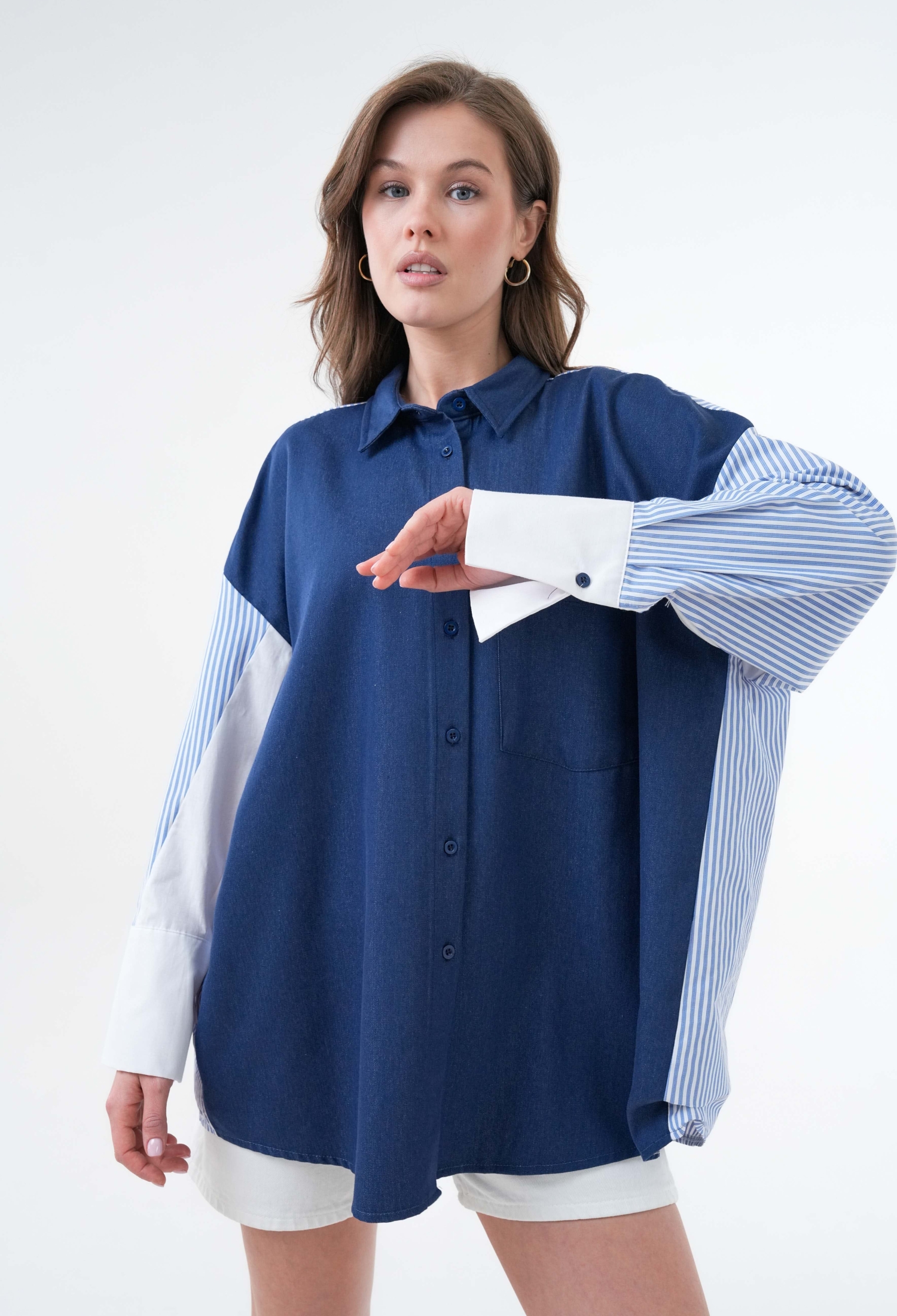 Denim And Striped Fabric Garnished Oversize Design Shirt 29068 - Brand: First Angels - Women & Kids, Baby Clothes Wholesale - TheBS Women