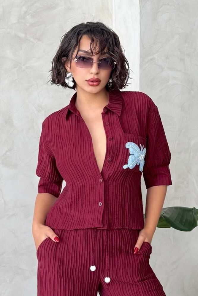 Butterfly Detailed Pleated Shirt - Burgundy - Brand: Topshow - Women & Kids, Baby Clothes Wholesale - TheBS Women