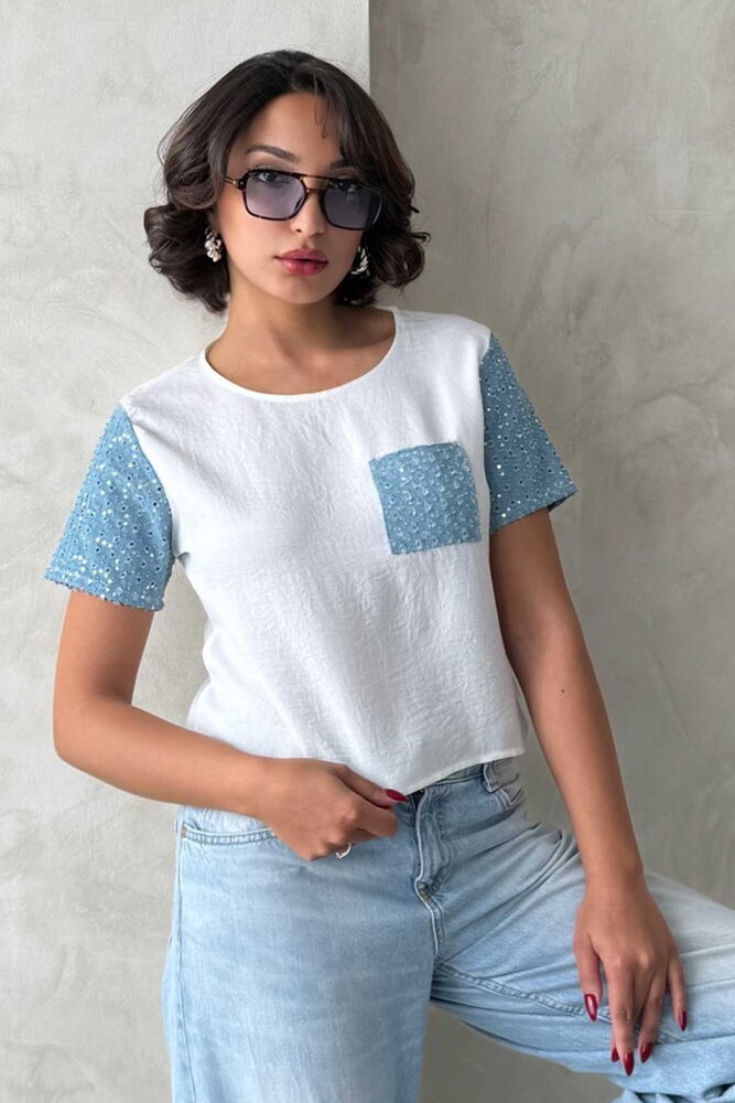 Jeans Detailed Wholesale T-Shirt – Cream