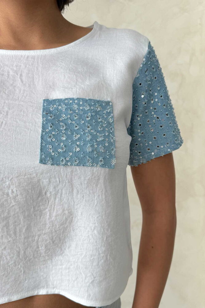 Jeans Detailed Wholesale T-Shirt – Cream