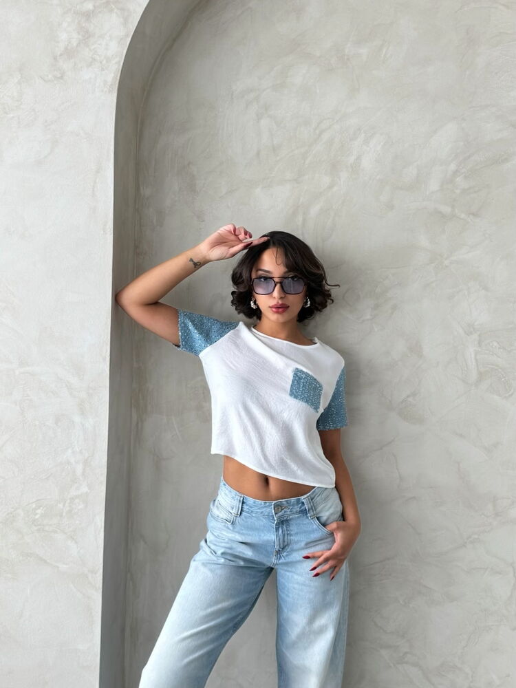 Jeans Detailed Wholesale T-Shirt – Cream