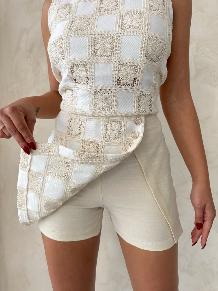 Lace Detailed Square Pattern Shorts Skirt – Stone – Brand: Topshow – Women & Kids, Baby Clothes Wholesale – TheBS Women