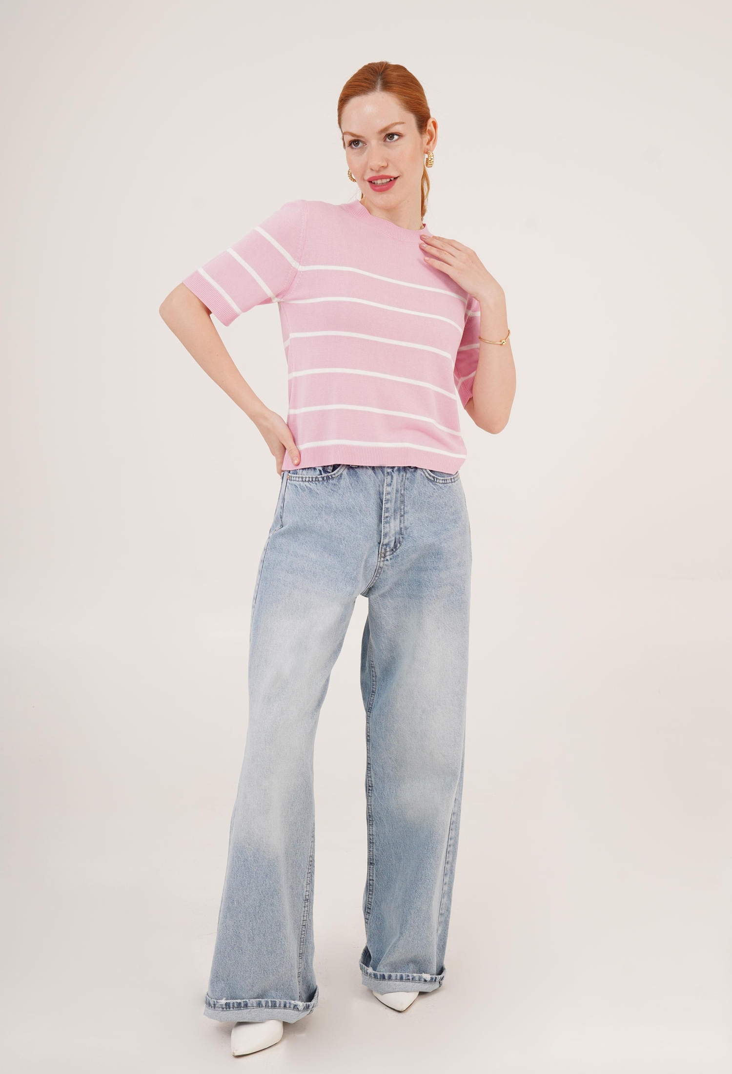 Striped Short Sleeve Pink Wholesale Blouse - Brand: Lustrin - Women & Kids, Baby Clothes Wholesale - TheBS Women