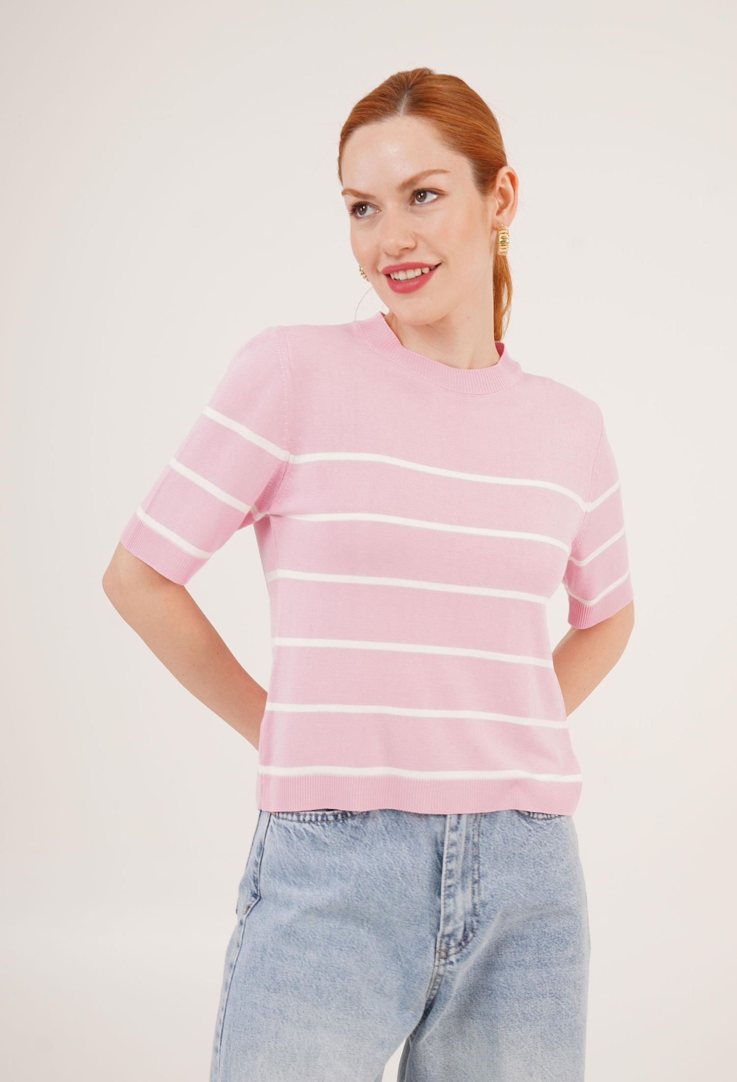 Striped Short Sleeve Pink Wholesale Blouse - Brand: Lustrin - Women & Kids, Baby Clothes Wholesale - TheBS Women