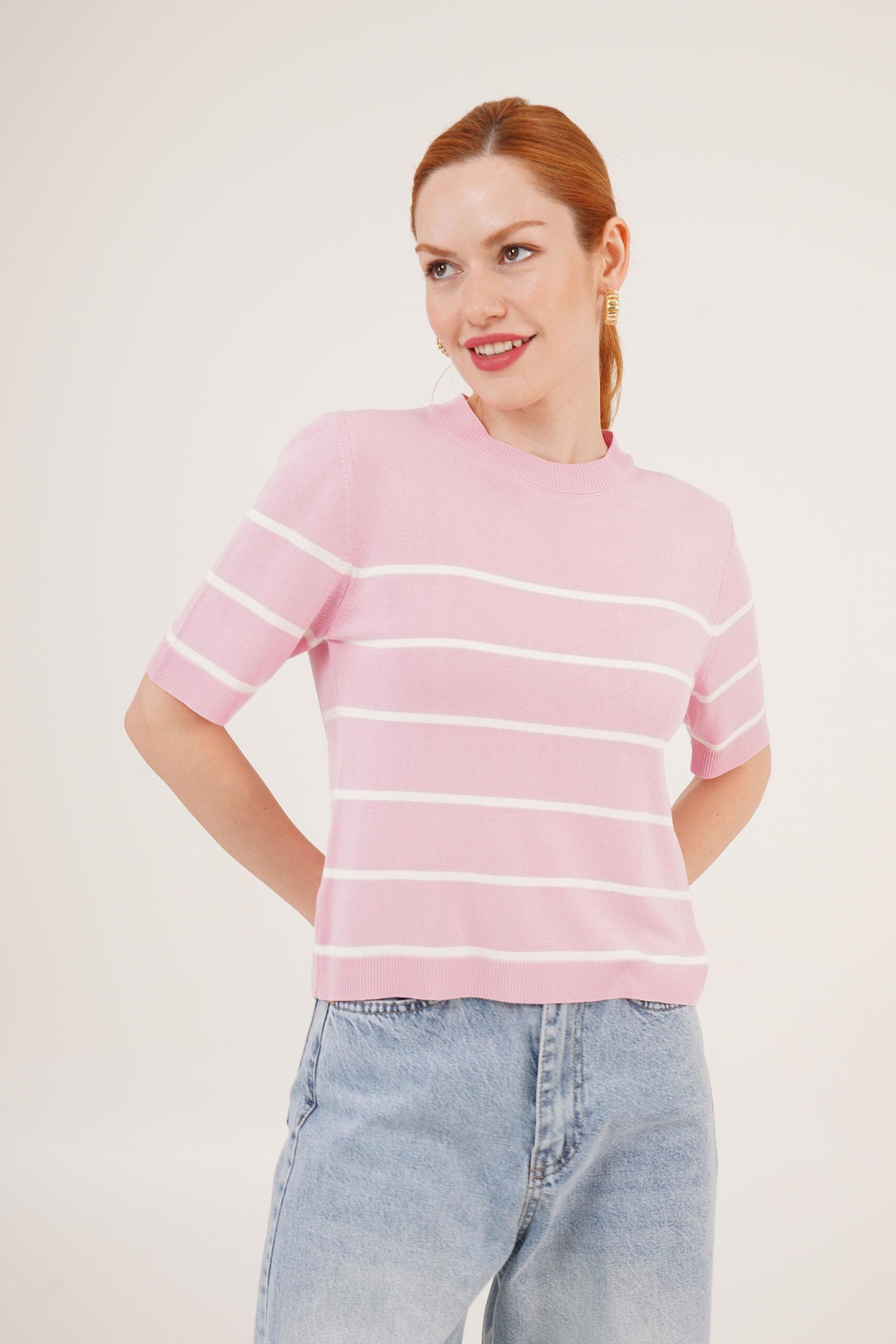 Striped Short Sleeve Pink Wholesale Blouse - Brand: Lustrin - Women & Kids, Baby Clothes Wholesale - TheBS Women