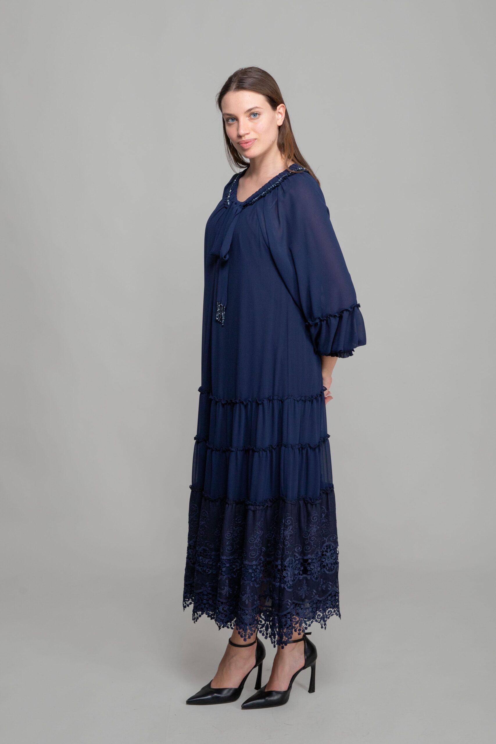 Round Neck Ruffle Chiffon Dress - Navy - Brand: GUMANIZE - Women & Kids, Baby Clothes Wholesale - TheBS Women Round Neck Ruffle Chiffon Dress - Navy - Brand: GUMANIZE - Women & Kids, Baby Clothes Wholesale - TheBS Women