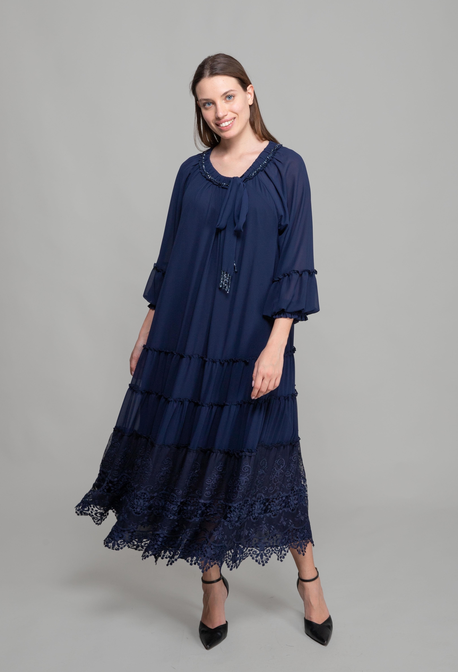 Round Neck Ruffle Chiffon Dress - Navy - Brand: GUMANIZE - Women & Kids, Baby Clothes Wholesale - TheBS Women