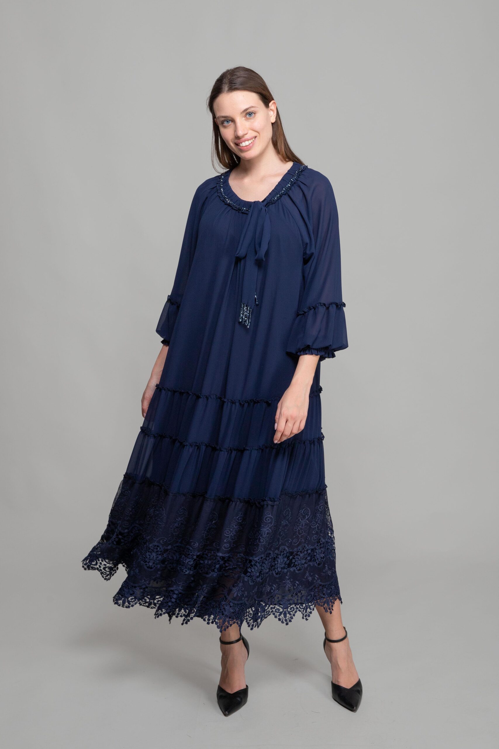Round Neck Ruffle Chiffon Dress - Navy - Brand: GUMANIZE - Women & Kids, Baby Clothes Wholesale - TheBS Women Round Neck Ruffle Chiffon Dress - Navy - Brand: GUMANIZE - Women & Kids, Baby Clothes Wholesale - TheBS Women