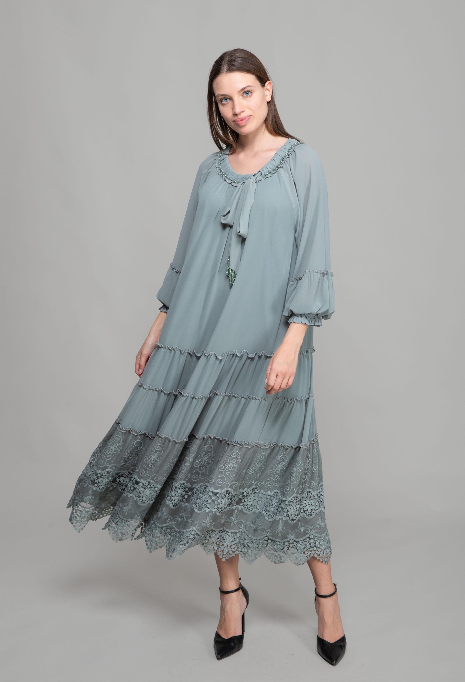Round Neck Ruffle Chiffon Dress - Cagla Green - Brand: GUMANIZE - Women & Kids, Baby Clothes Wholesale - TheBS Women