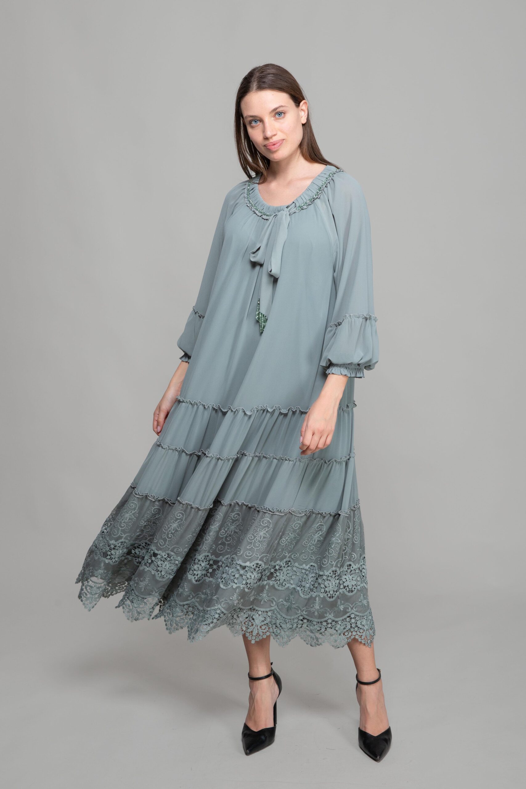 Round Neck Ruffle Chiffon Dress - Cagla Green - Brand: GUMANIZE - Women & Kids, Baby Clothes Wholesale - TheBS Women Round Neck Ruffle Chiffon Dress - Cagla Green - Brand: GUMANIZE - Women & Kids, Baby Clothes Wholesale - TheBS Women