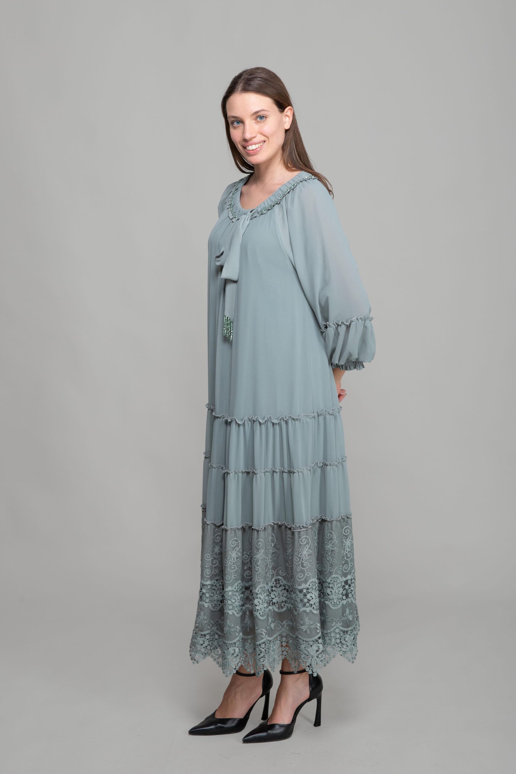 Round Neck Ruffle Chiffon Dress - Cagla Green - Brand: GUMANIZE - Women & Kids, Baby Clothes Wholesale - TheBS Women Round Neck Ruffle Chiffon Dress - Cagla Green - Brand: GUMANIZE - Women & Kids, Baby Clothes Wholesale - TheBS Women