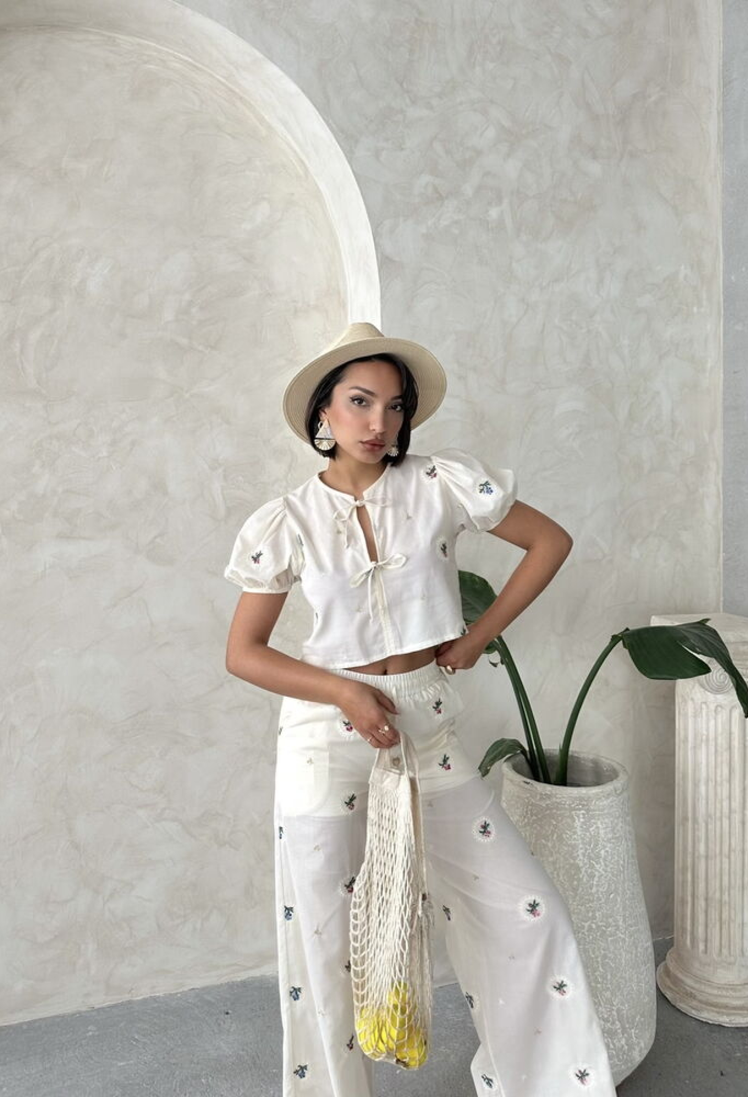 Front Tie Embroidered Blouse - Stone - Brand: Topshow - Women & Kids, Baby Clothes Wholesale - TheBS Women