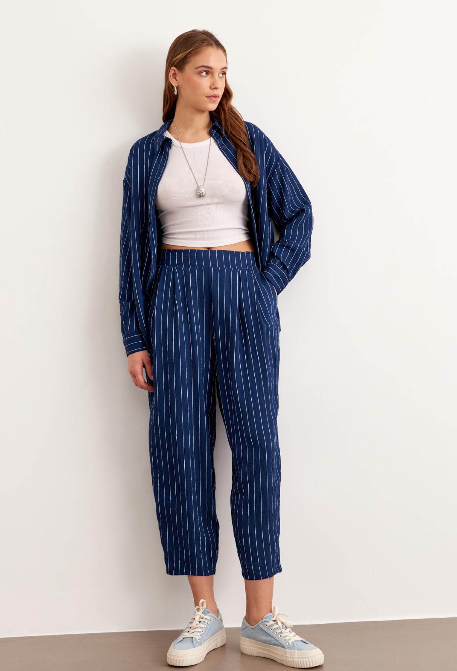 Elastic Waist Striped Long Pants Navy - Brand: Levure - Women & Kids, Baby Clothes Wholesale - TheBS Women