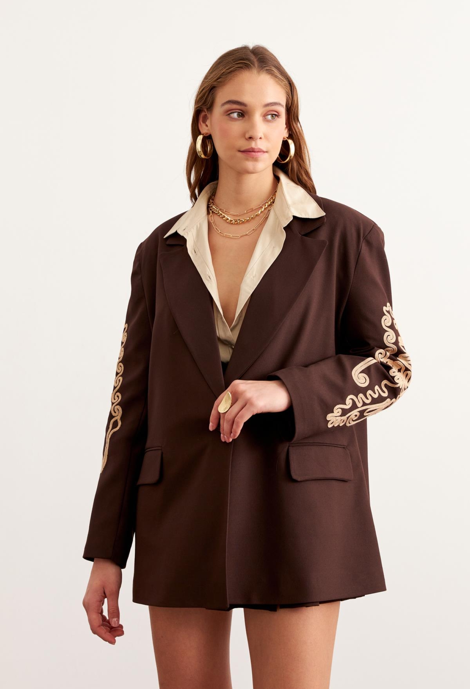 Sleeve Embroidery Detailed Wadding Jacket Brown - Brand: Levure - Women & Kids, Baby Clothes Wholesale - TheBS Women