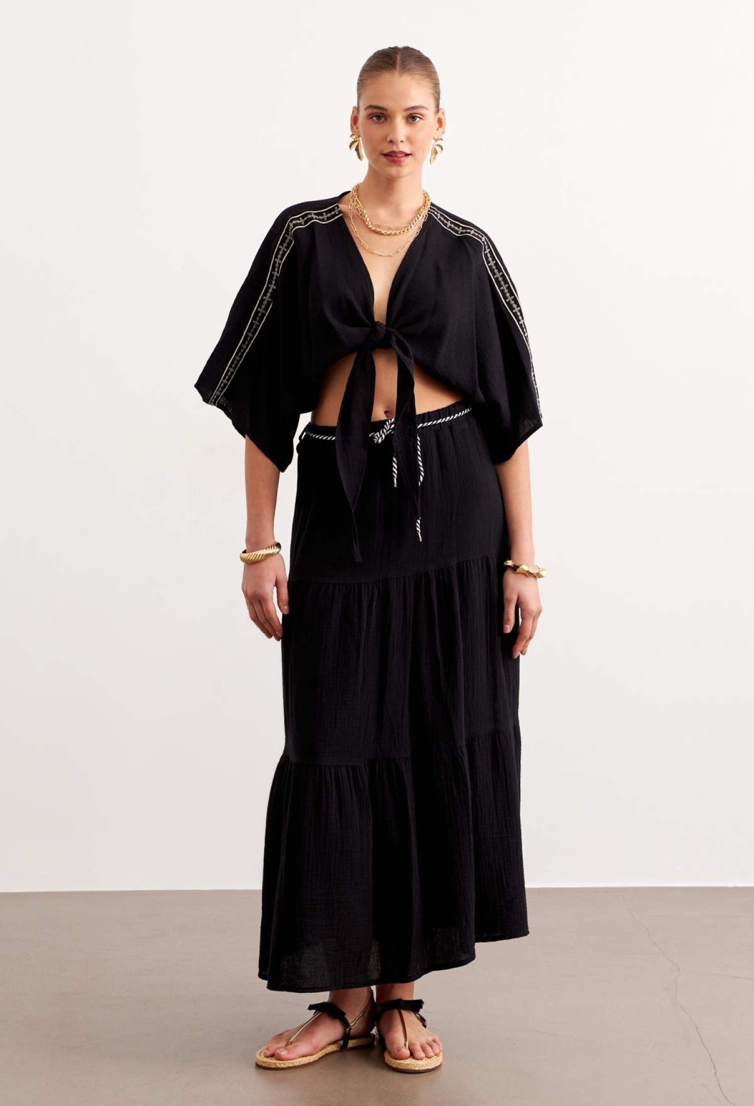 Shoulder Embroidery Detailed Tie Waist Shirt - Brand: Levure - Women & Kids, Baby Clothes Wholesale - TheBS Women