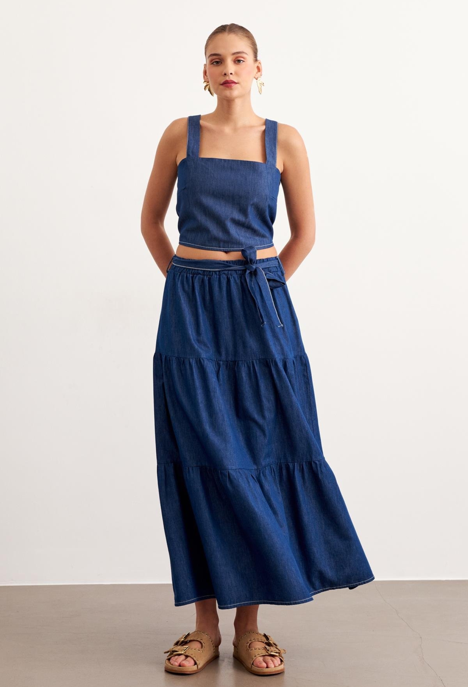 Belted Long Denim Skirt Rins Wash - Blue - Brand: Levure - Women & Kids, Baby Clothes Wholesale - TheBS Women