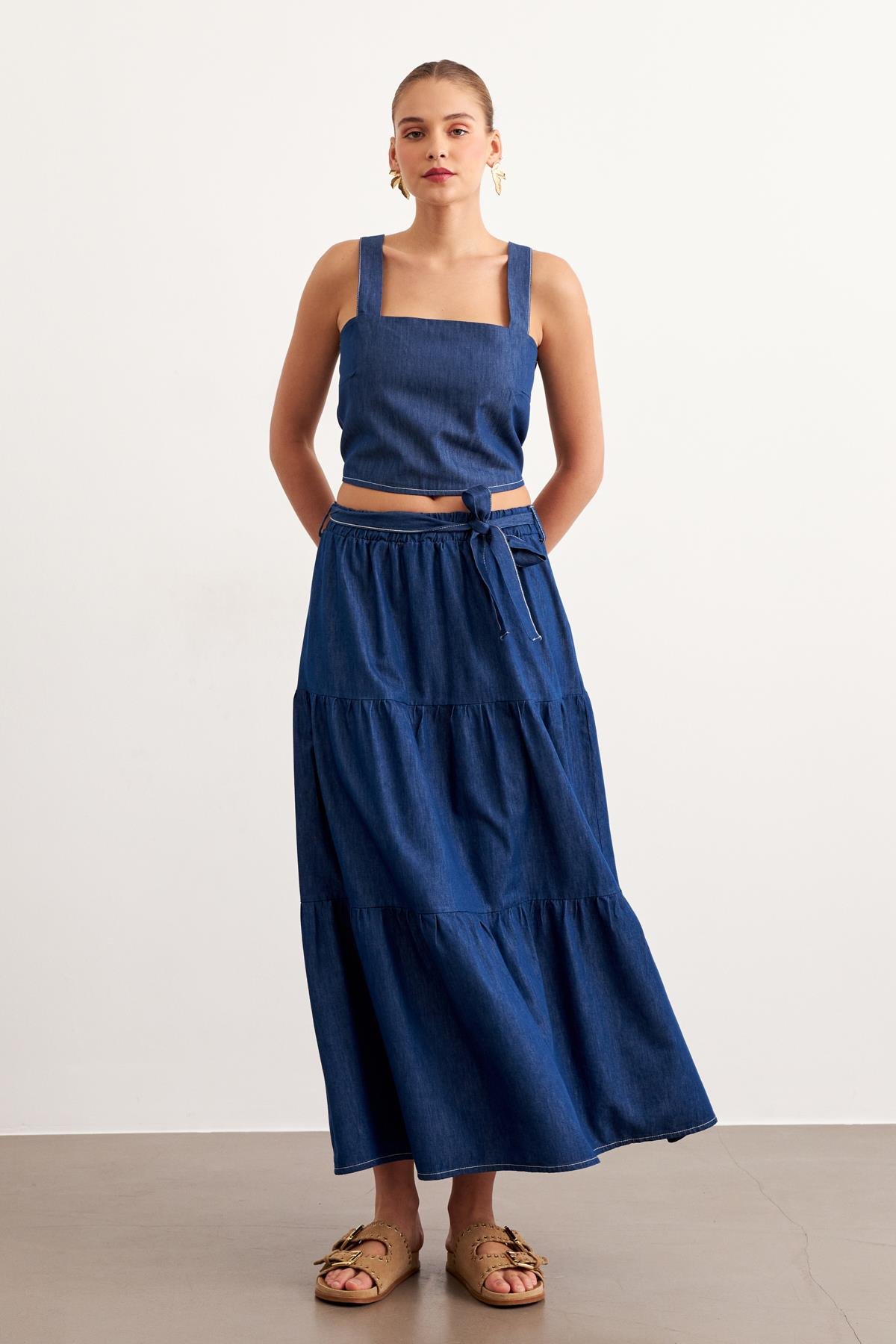 Belted Long Denim Skirt Rins Wash - Blue - Brand: Levure - Women & Kids, Baby Clothes Wholesale - TheBS Women Belted Long Denim Skirt Rins Wash - Blue - Brand: Levure - Women & Kids, Baby Clothes Wholesale - TheBS Women