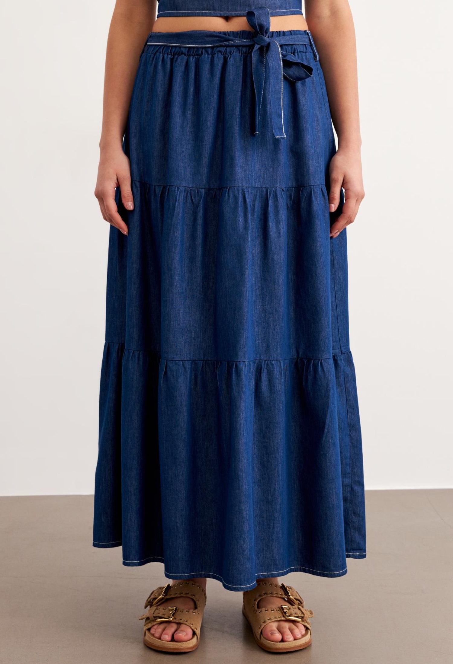 Belted Long Denim Skirt Rins Wash - Blue - Brand: Levure - Women & Kids, Baby Clothes Wholesale - TheBS Women