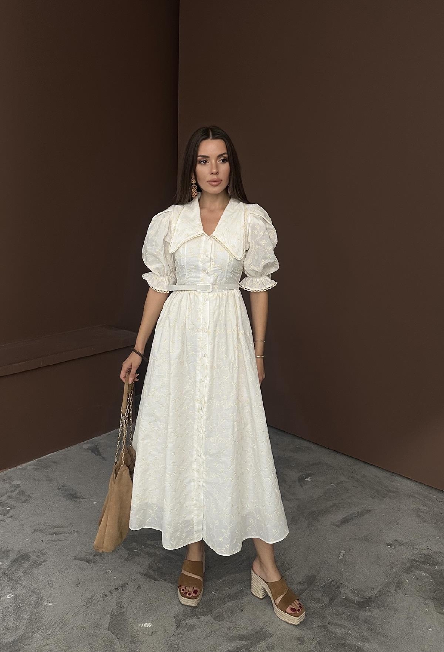 Wholesale Beige Baby Collar Balloon Sleeve Embroidered Dress - Brand: Elisa - Women & Kids, Baby Clothes Wholesale - TheBS Women