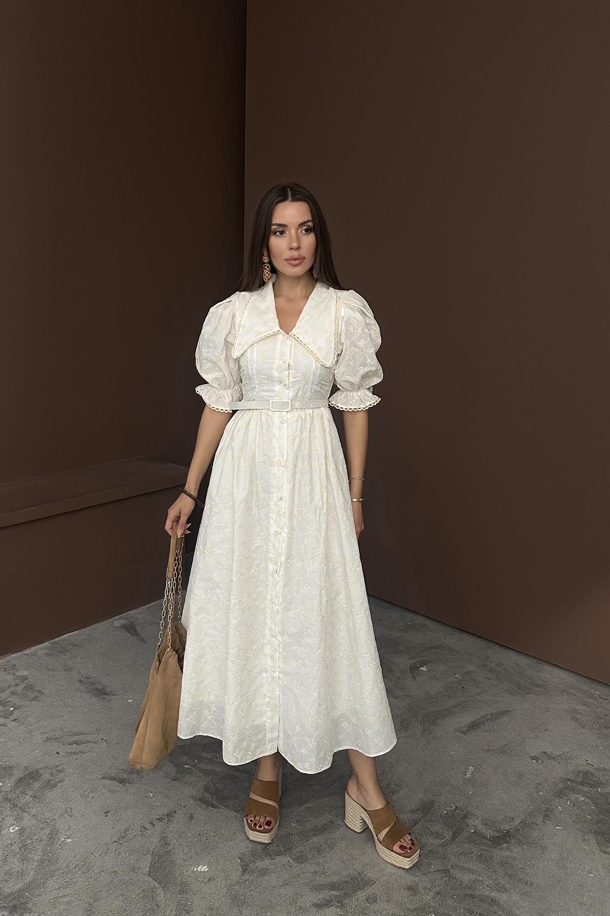 Wholesale Beige Baby Collar Balloon Sleeve Embroidered Dress - Brand: Elisa - Women & Kids, Baby Clothes Wholesale - TheBS Women