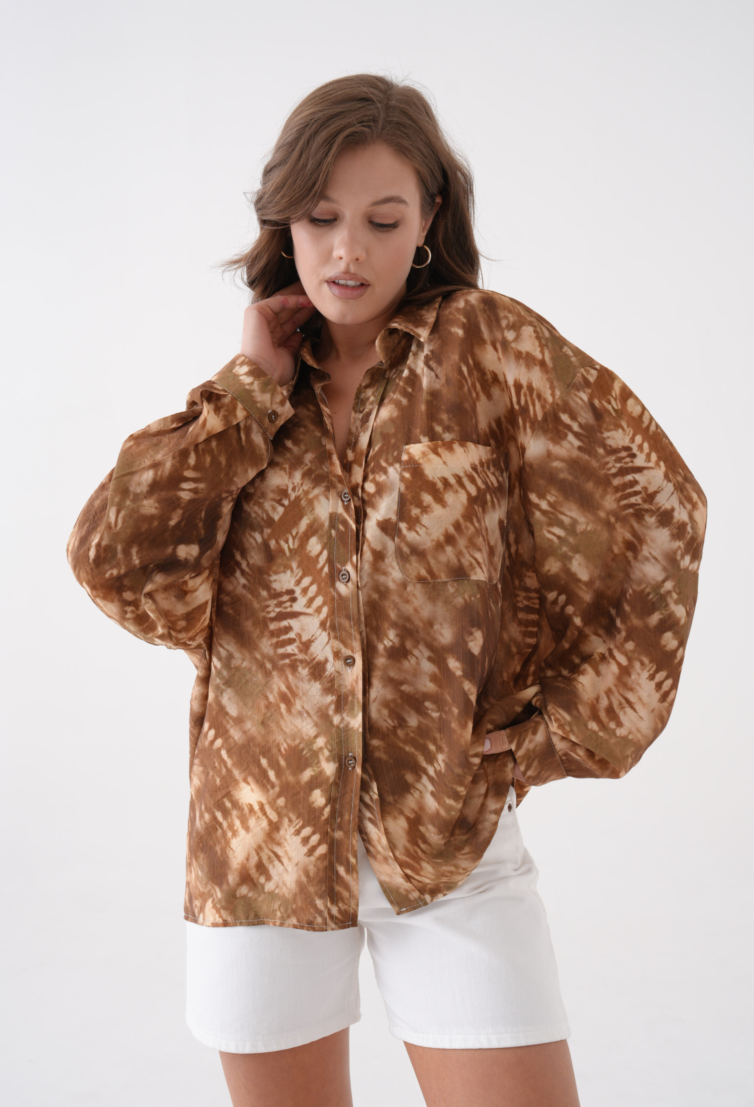 Coffee Tie Dye Pattern Modal Fabric Oversize Shirt 29188 - Brand: First Angels - Women & Kids, Baby Clothes Wholesale - TheBS Women