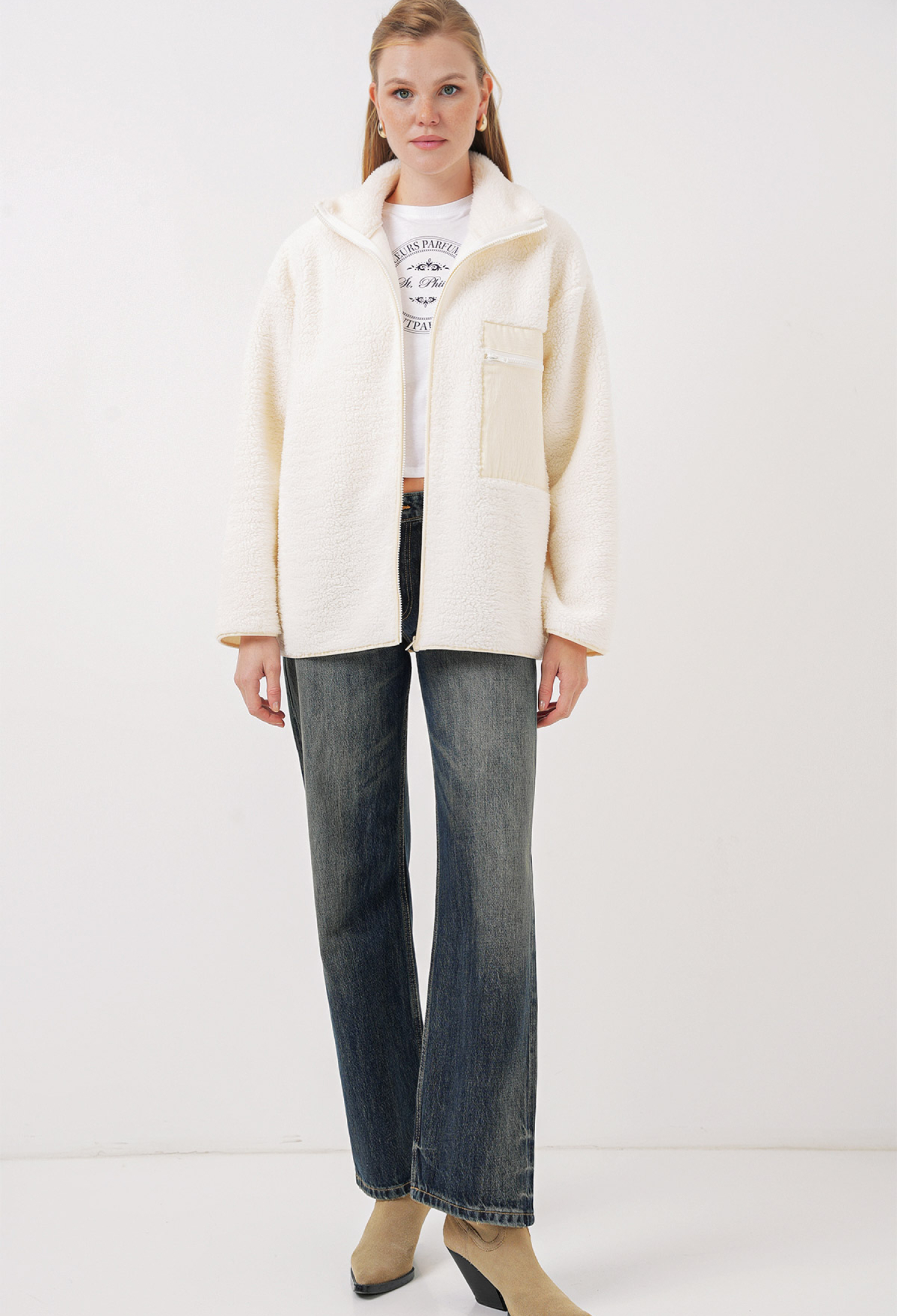 Oversize Plush Coat With Zipper - Beige - Brand: Bigdart - Women & Kids, Baby Clothes Wholesale - TheBS Women