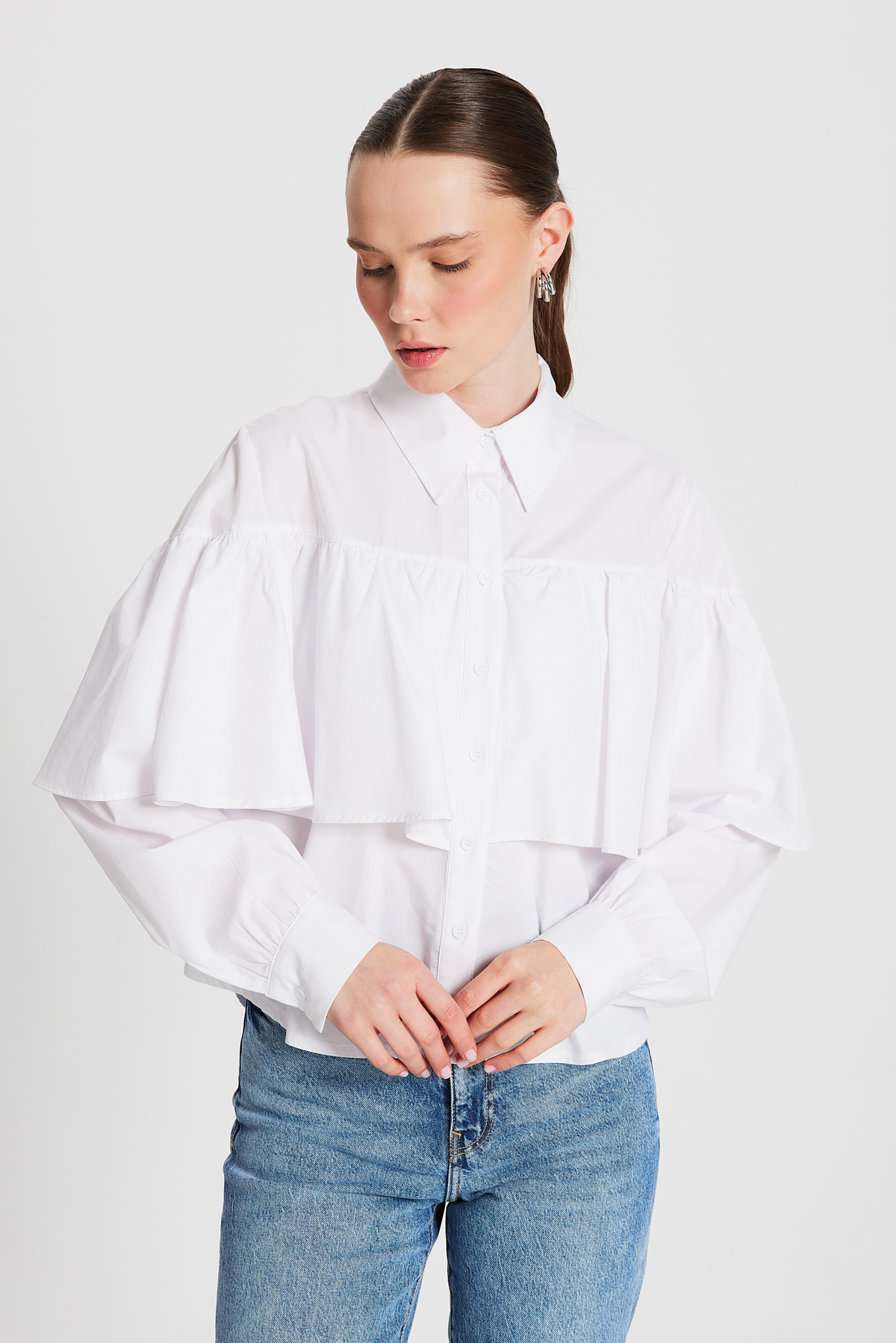Frilled Cotton Fabric Wide Cut Shirt 29136 - Brand: First Angels - Women & Kids, Baby Clothes Wholesale - TheBS Women Frilled Cotton Fabric Wide Cut Shirt 29136 - Brand: First Angels - Women & Kids, Baby Clothes Wholesale - TheBS Women