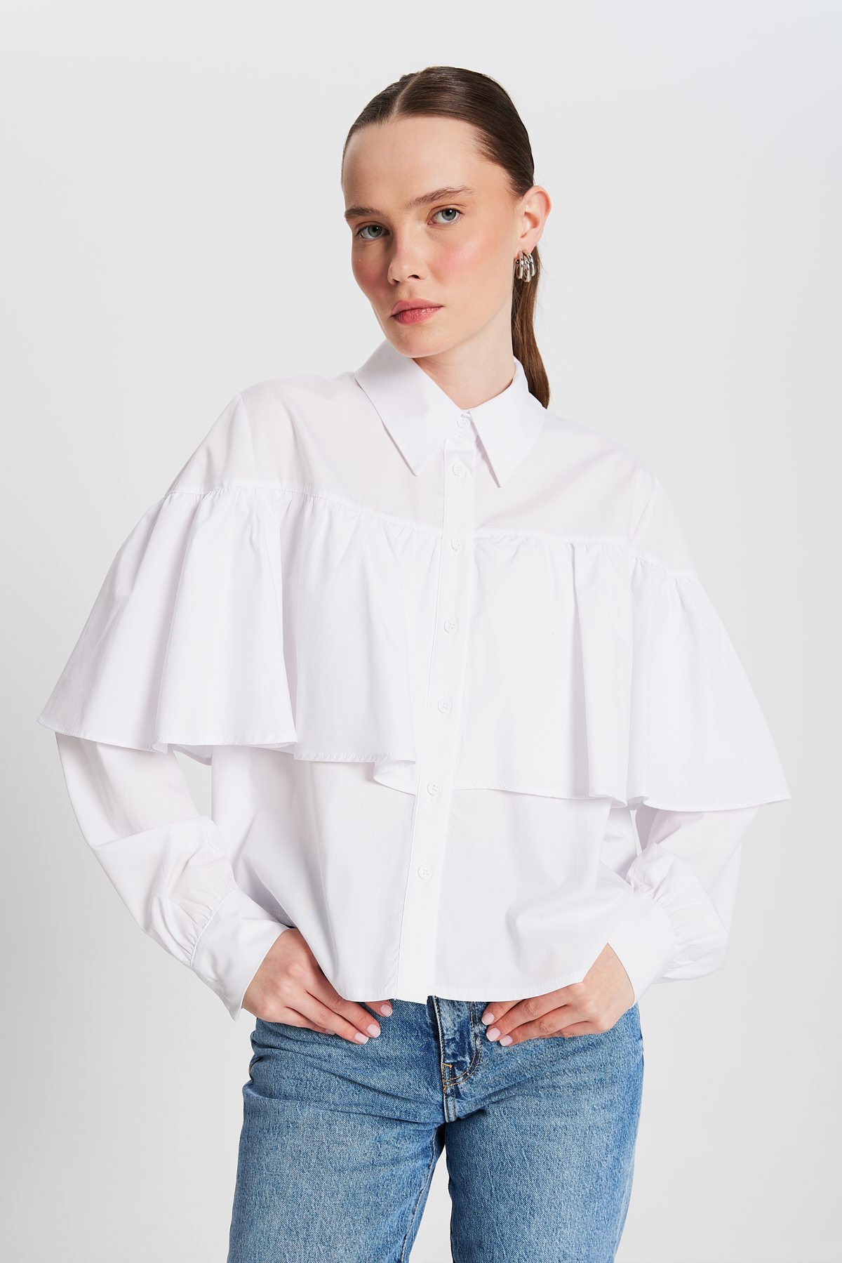 Frilled Cotton Fabric Wide Cut Shirt 29136 - Brand: First Angels - Women & Kids, Baby Clothes Wholesale - TheBS Women Frilled Cotton Fabric Wide Cut Shirt 29136 - Brand: First Angels - Women & Kids, Baby Clothes Wholesale - TheBS Women