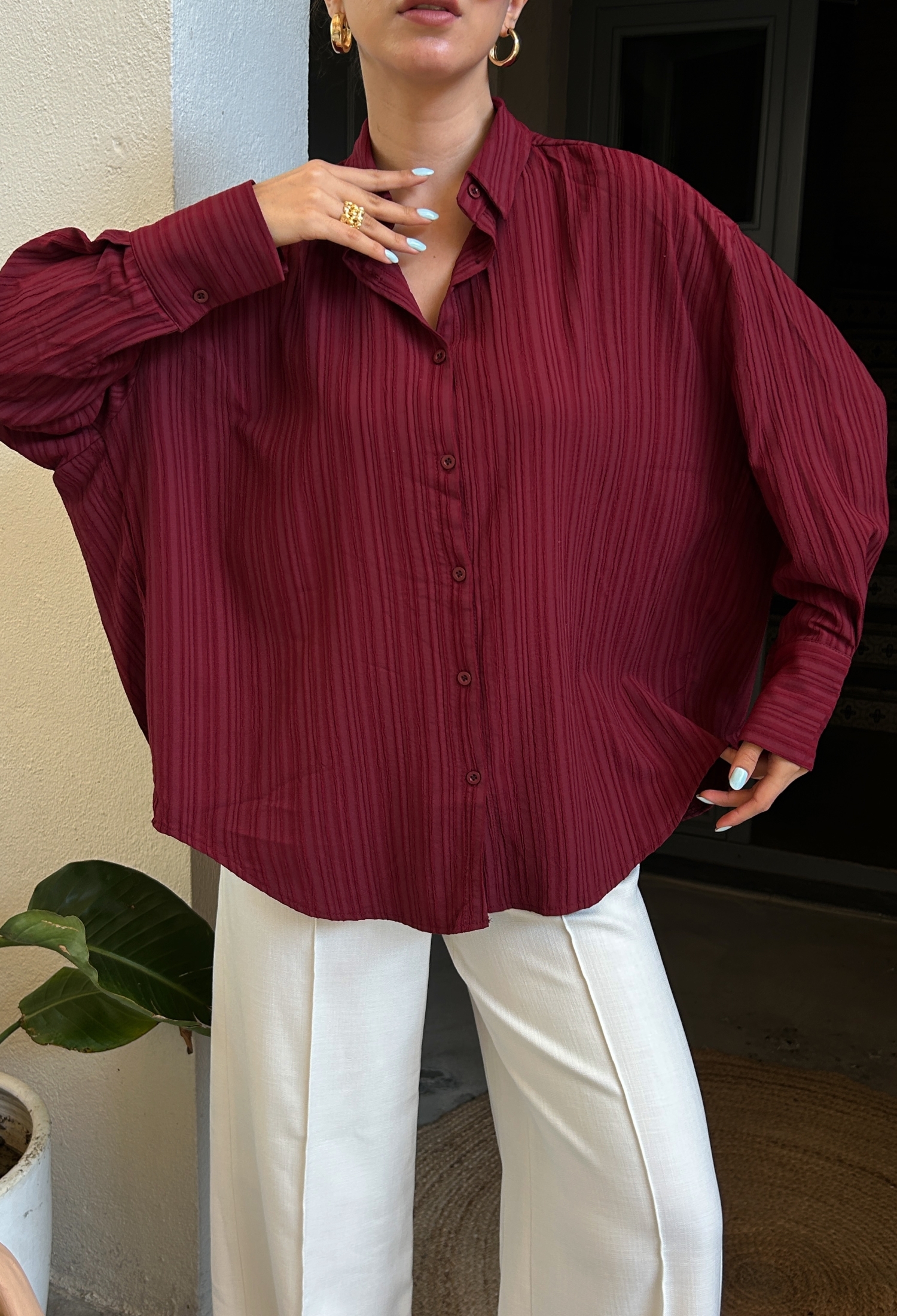 Burgundy Oversize Wide Cuff Women's Shirt 27384 - Brand: First Angels - Women & Kids, Baby Clothes Wholesale - TheBS Women