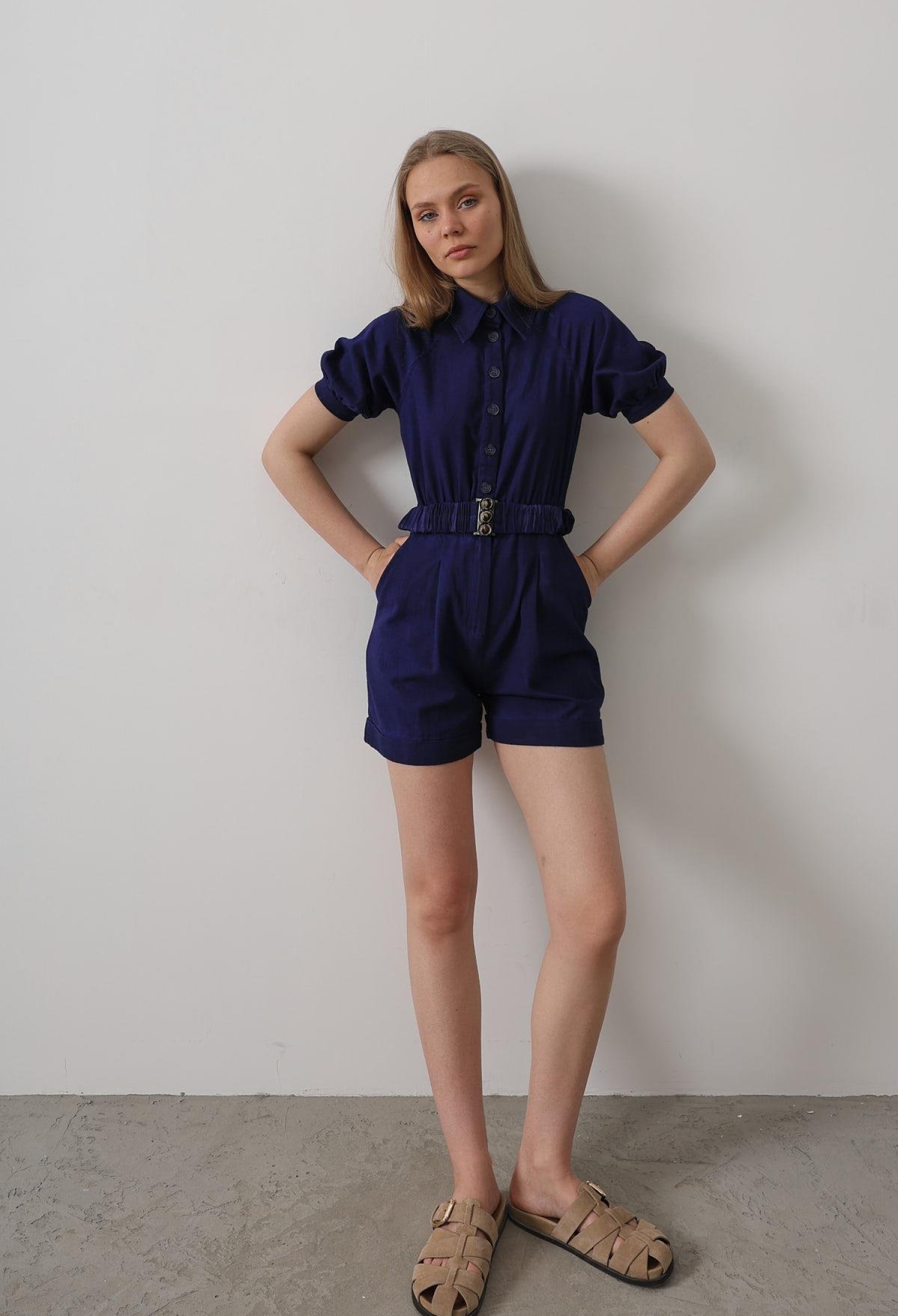 Shirt Collar Gabardine Jumpsuit - Indigo - Brand: Reyon - Women & Kids, Baby Clothes Wholesale - TheBS Women