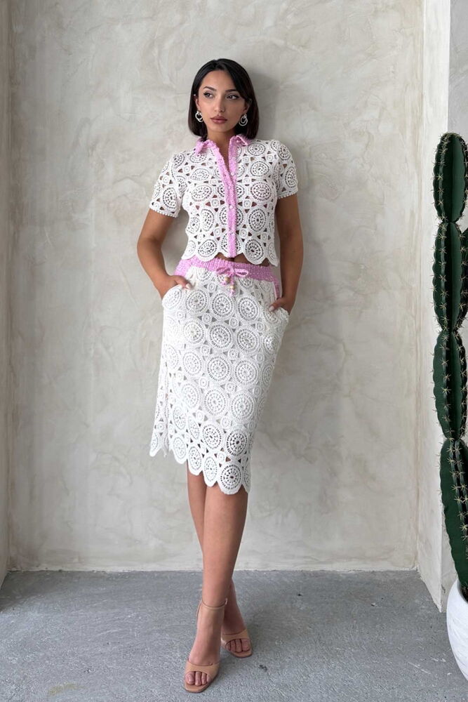 D 2796 Denim Detailed Lace Long Skirt - Raw Pink - Brand: Topshow - Women & Kids, Baby Clothes Wholesale - TheBS Women