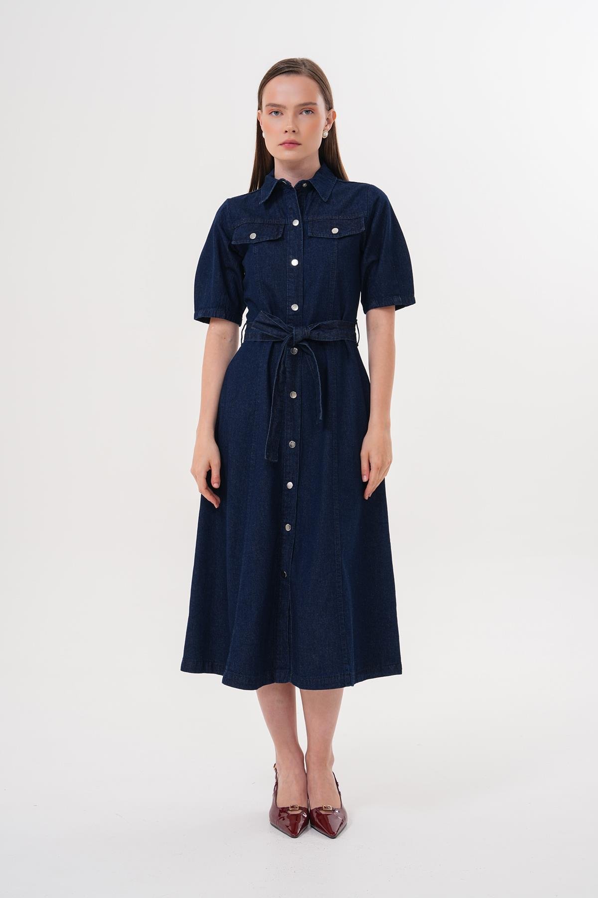 Snap Button Detailed Waist Belted Dress Rins Wash - Brand: Levure - Women & Kids, Baby Clothes Wholesale - TheBS Women Snap Button Detailed Waist Belted Dress Rins Wash - Brand: Levure - Women & Kids, Baby Clothes Wholesale - TheBS Women