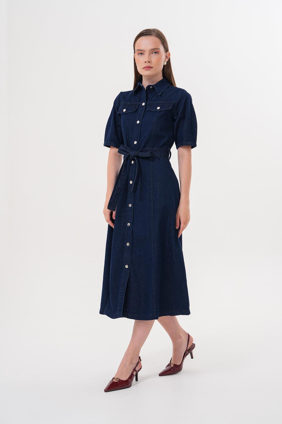 Snap Button Detailed Waist Belted Dress Rins Wash - Brand: Levure - Women & Kids, Baby Clothes Wholesale - TheBS Women Snap Button Detailed Waist Belted Dress Rins Wash - Brand: Levure - Women & Kids, Baby Clothes Wholesale - TheBS Women